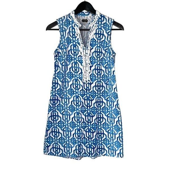 Mud Pie Womens Chain Link Print Sleeveless Tunic Sheath Dress Royal Blue Small - Picture 1 of 8